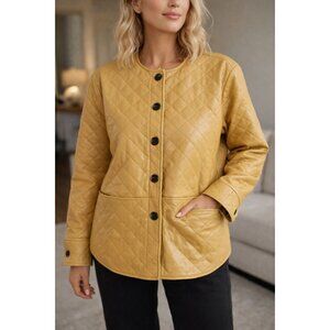 Marla Wynne Collection Womens Quilted Faux Leather Jacket Yellow Button Up